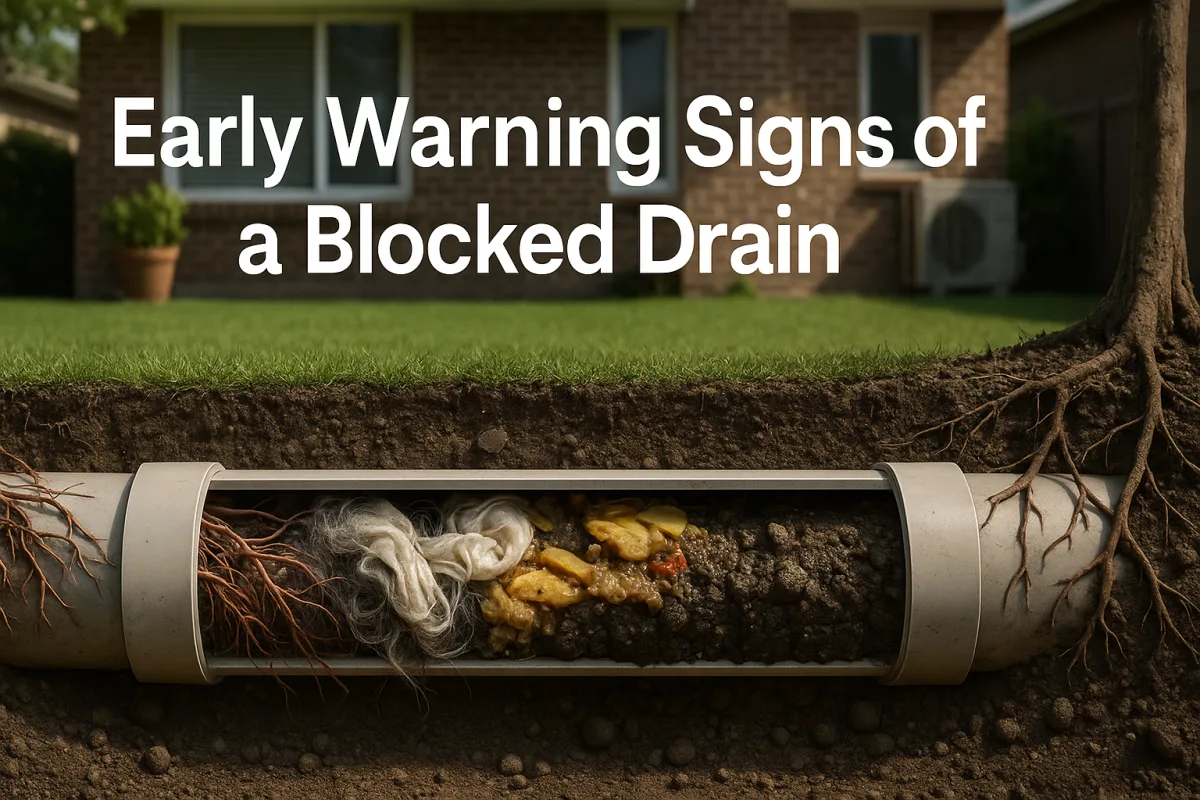 Cross-sectional view of a blocked PVC drain with debris in a Brisbane home.