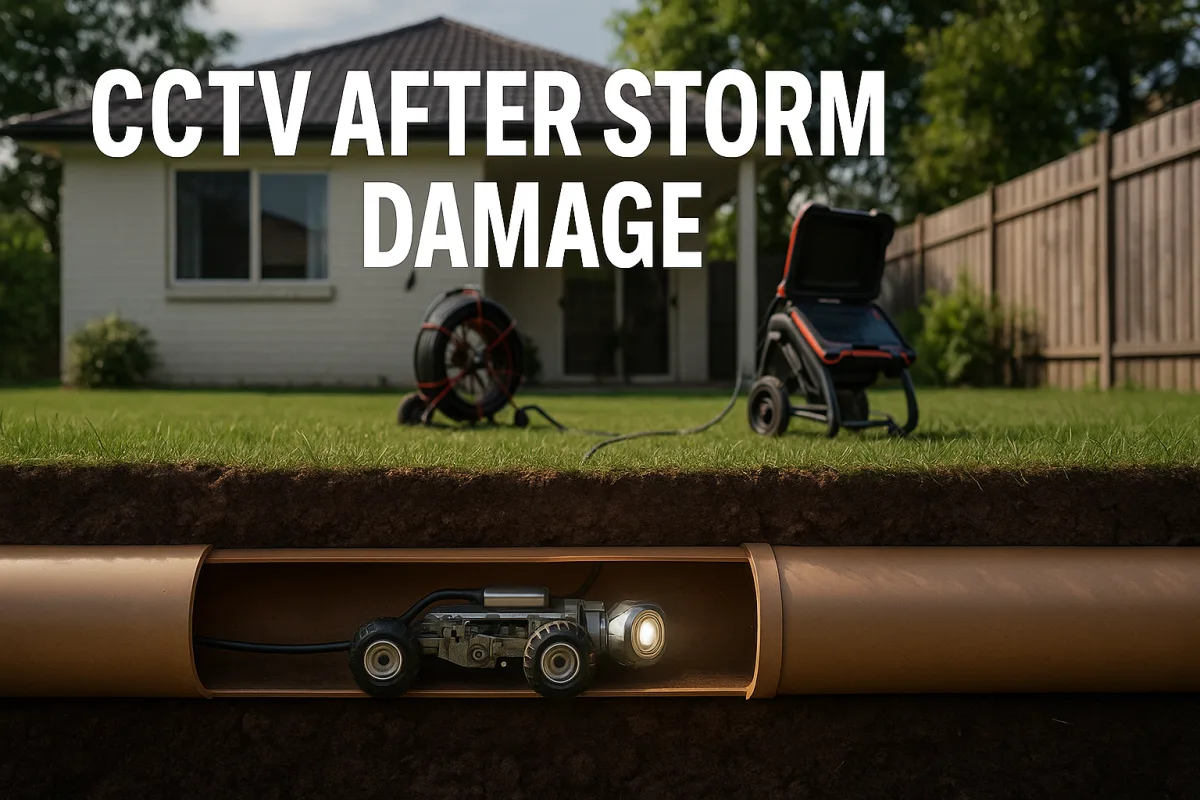 Cross-sectional view of a PVC drain with a CCTV camera inspecting for storm damage.