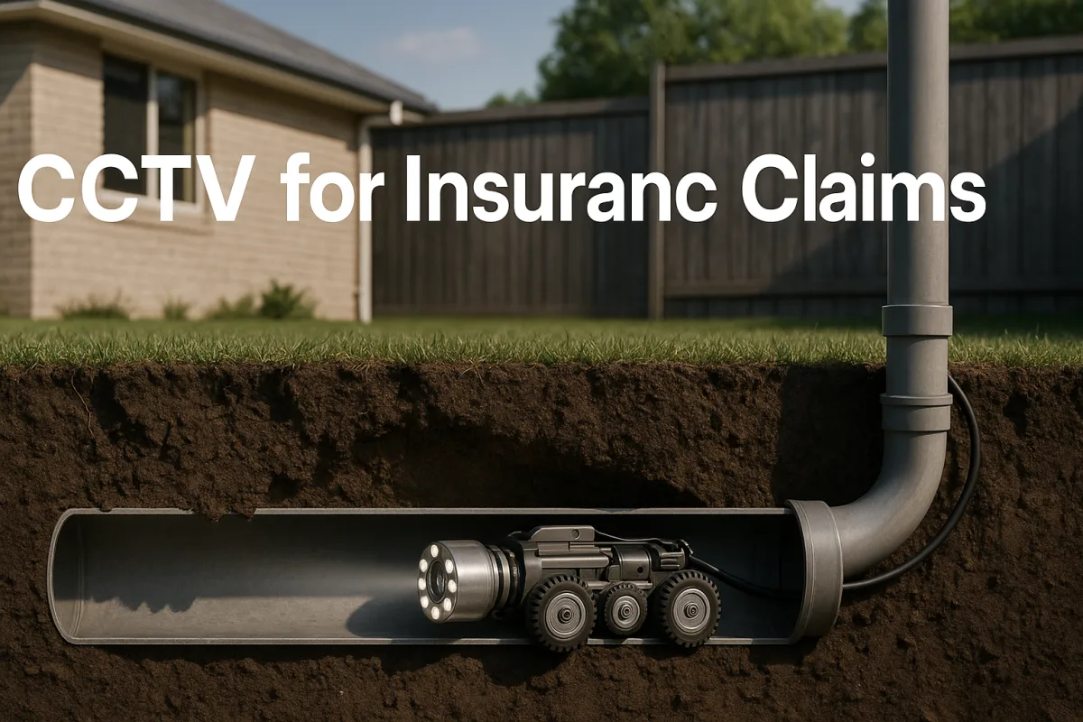 Cross-sectional view of a PVC drain with a CCTV camera in a residential setting.