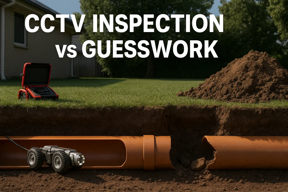 Cross-sectional view of a PVC drain showing CCTV camera and digging tools in a Brisbane setting.