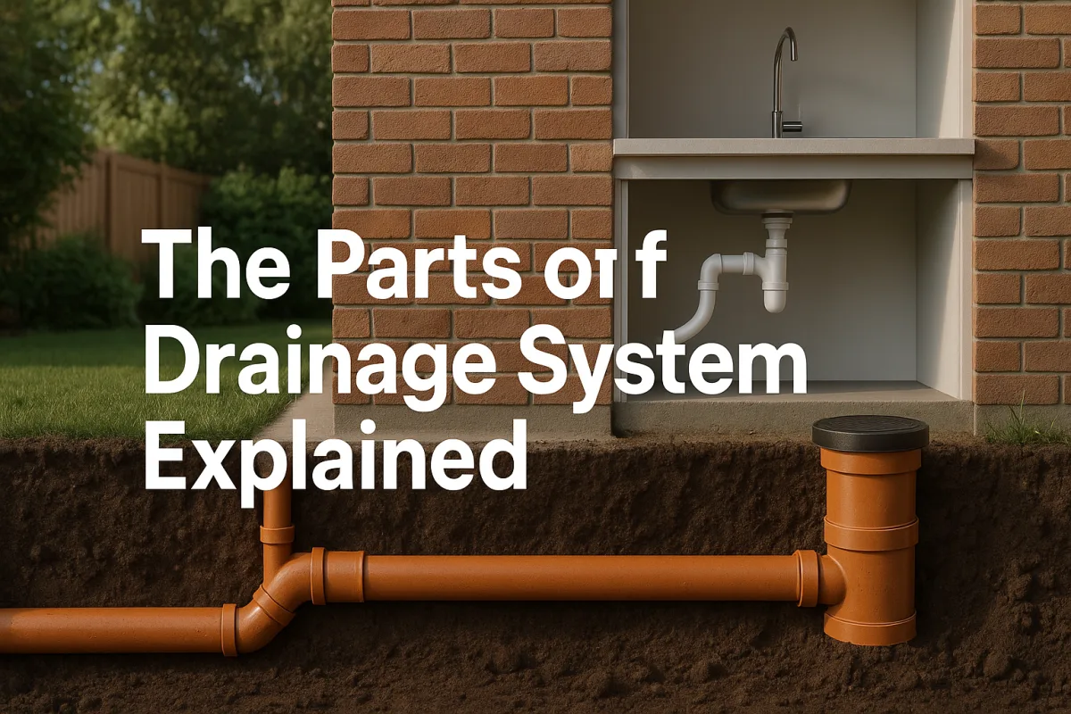Cross-sectional view of a PVC drainage system in a residential setting.