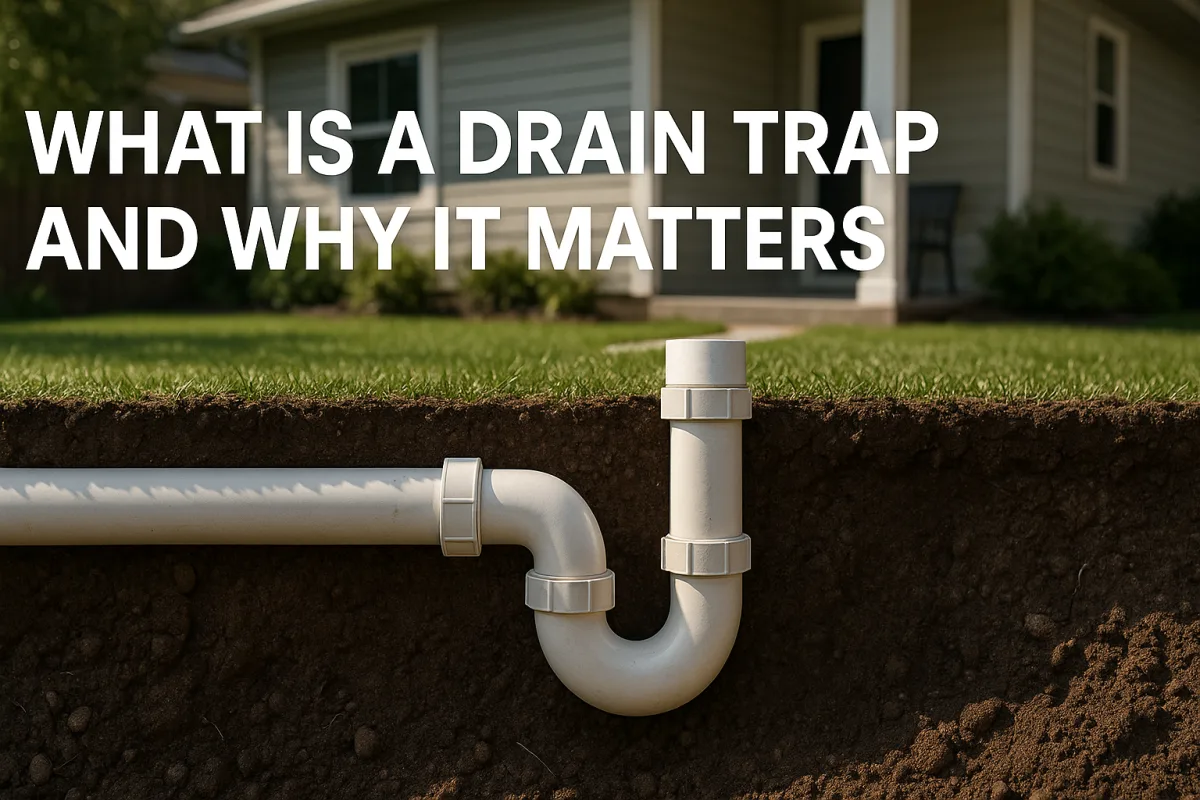 Cross-sectional view of a PVC drain trap in a residential setting.